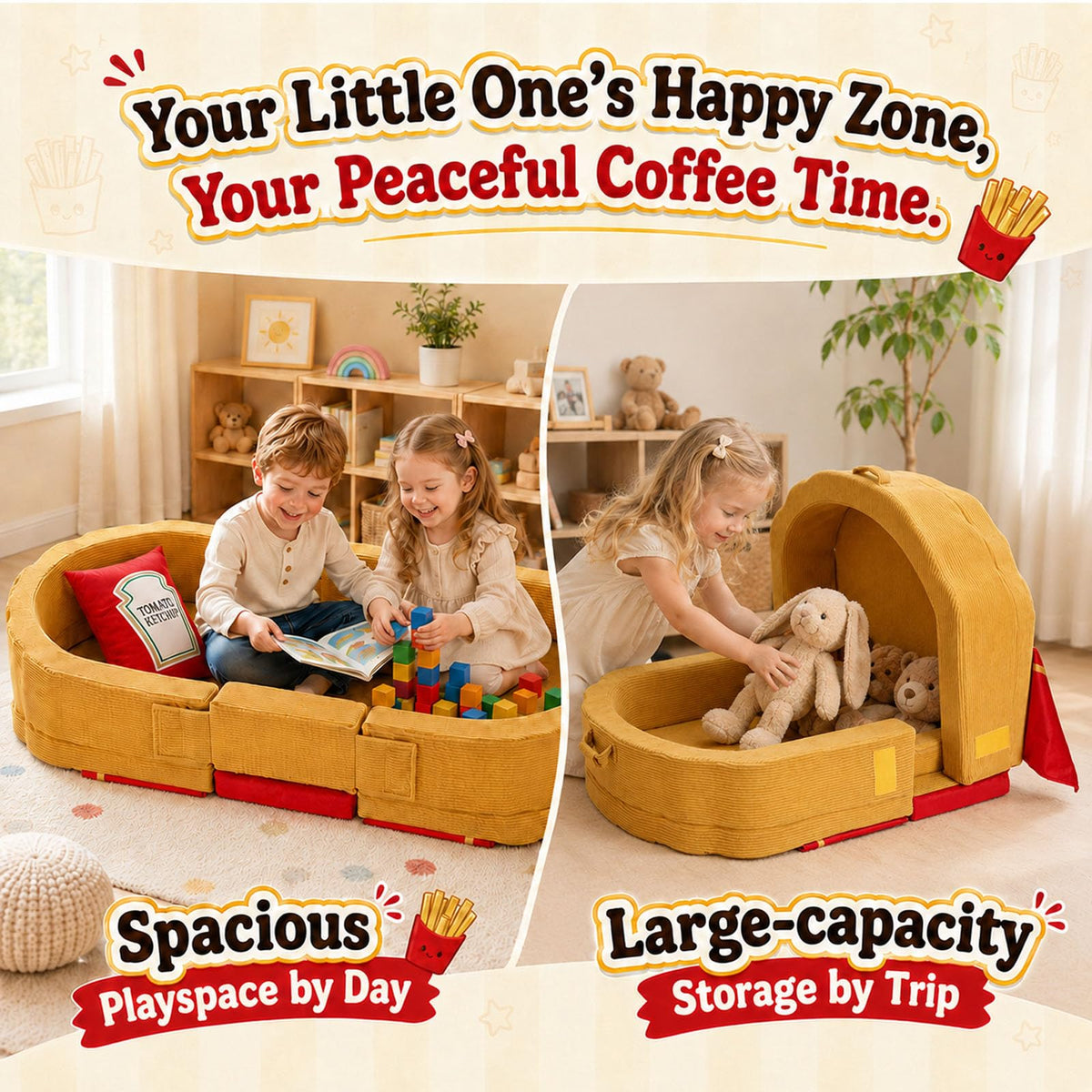 Toddler Travel Bed "French Fries" Style with "Ketchup" Pillow - Portable Toddlers Floor Beds, Foldable Soft Foam