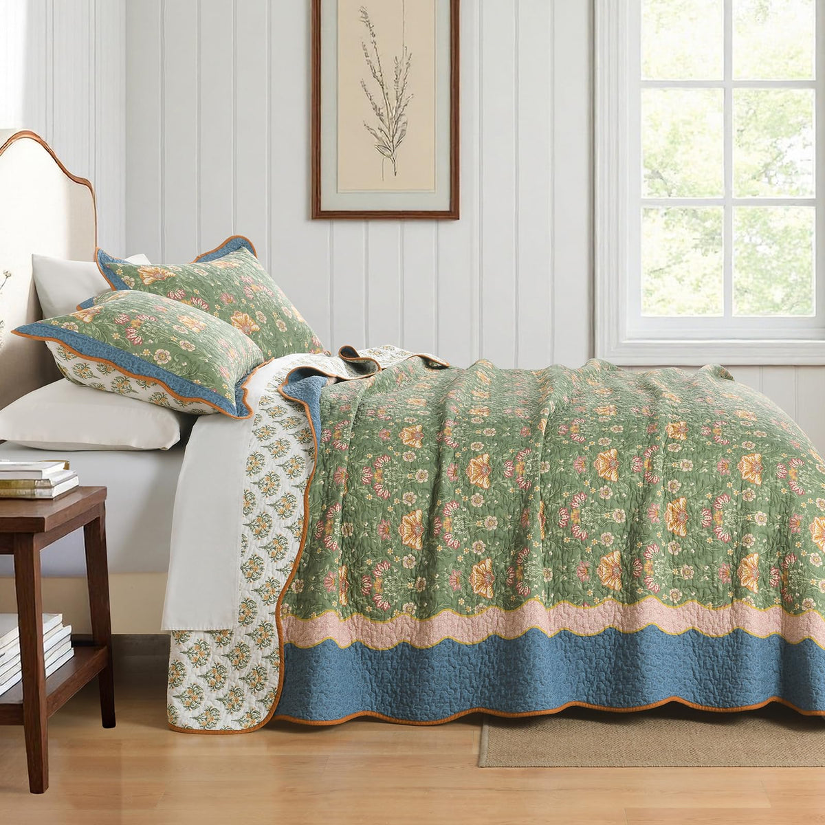 100% Cotton Quilt Set, Vintage Farmhouse Floral, Sage Green