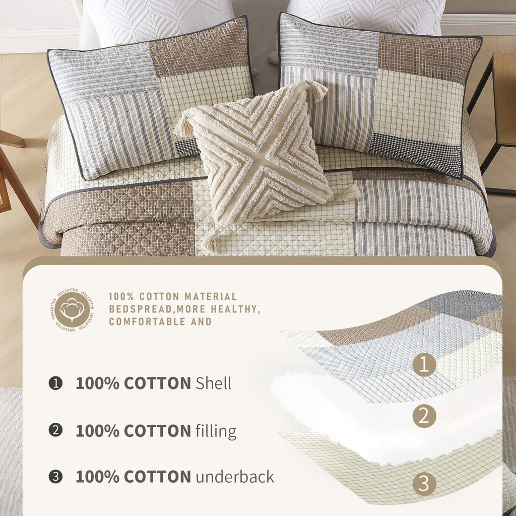 Quilt 100% Cotton Lightweight Soft Quilt Real Patchwork Plaid Quilted Bedspread Brown Beige Gray