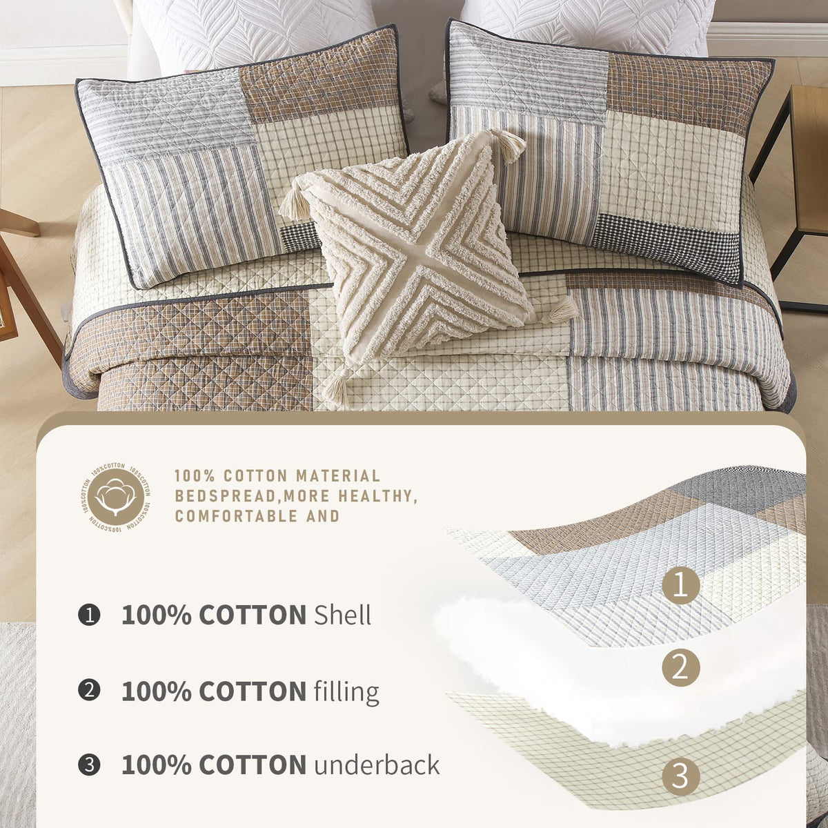 Quilt 100% Cotton Lightweight Soft Quilt Real Patchwork Plaid Quilted Bedspread Brown Beige Gray
