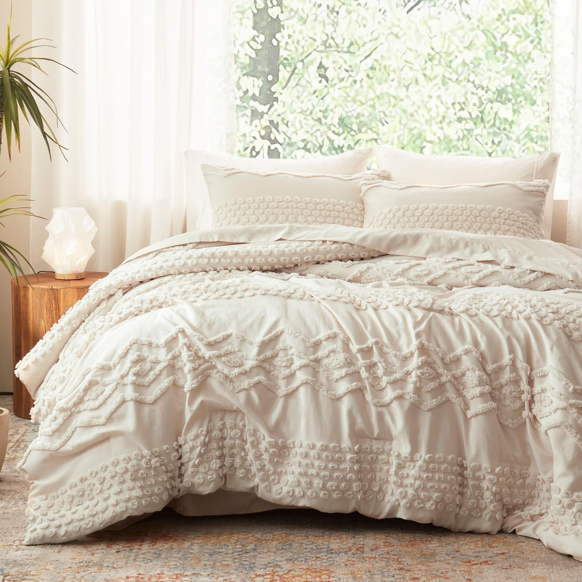 Beige Tufted Comforter Set, 3 Pieces Queen Size Boho Bedding Set