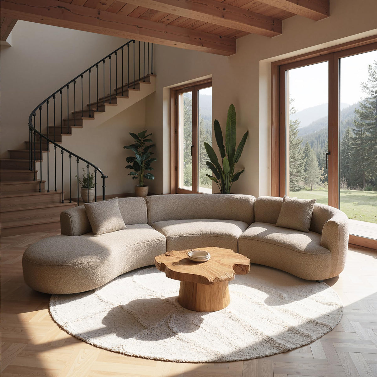 Formia Boucle Curved Sectional Sofa, 153" W Left Hand, Light Coffee