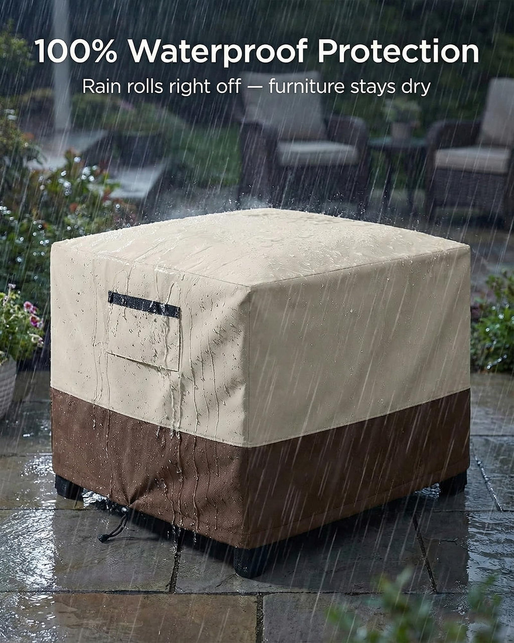 Waterproof Patio Ottoman Cover, Square Outdoor Side Table Furniture Cover with Padded Handles, 600D Heavy Duty