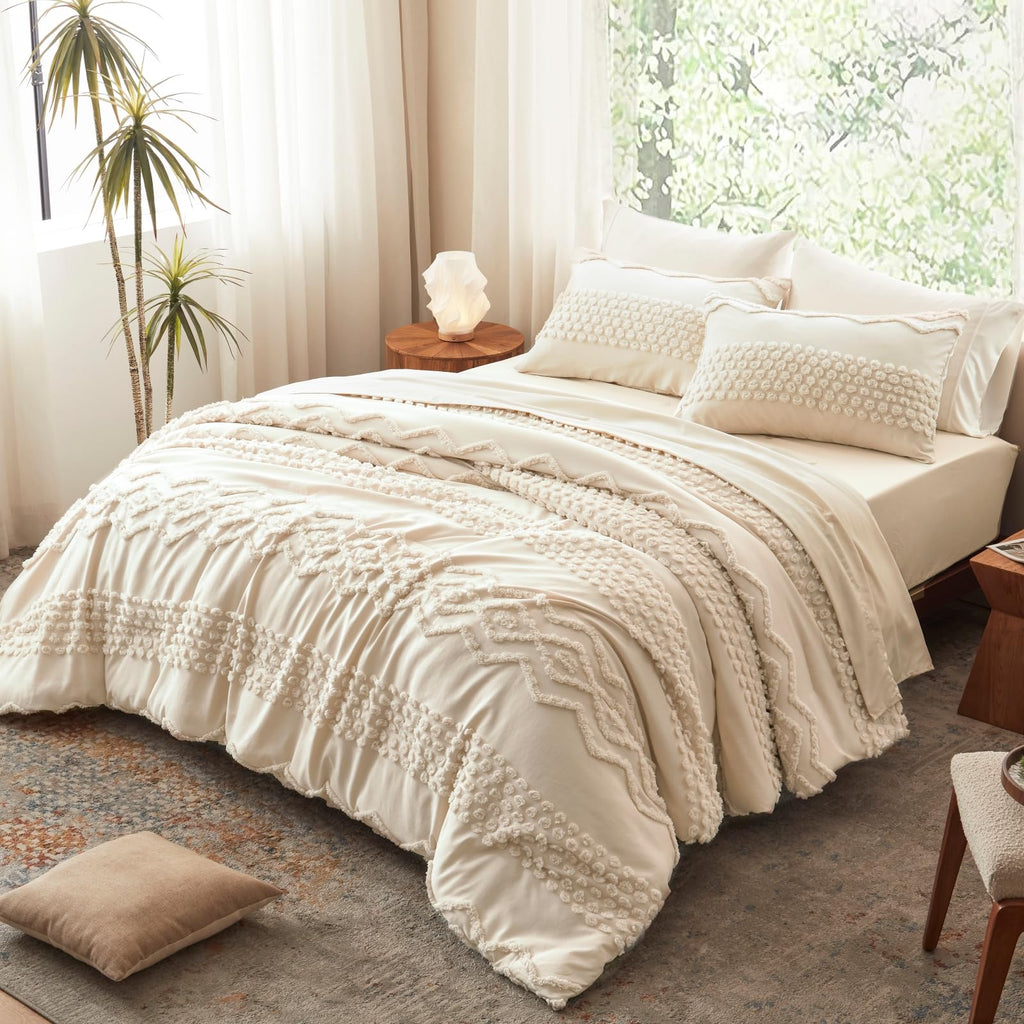 Beige Tufted Comforter Set, 3 Pieces Full Size Boho Bedding Set