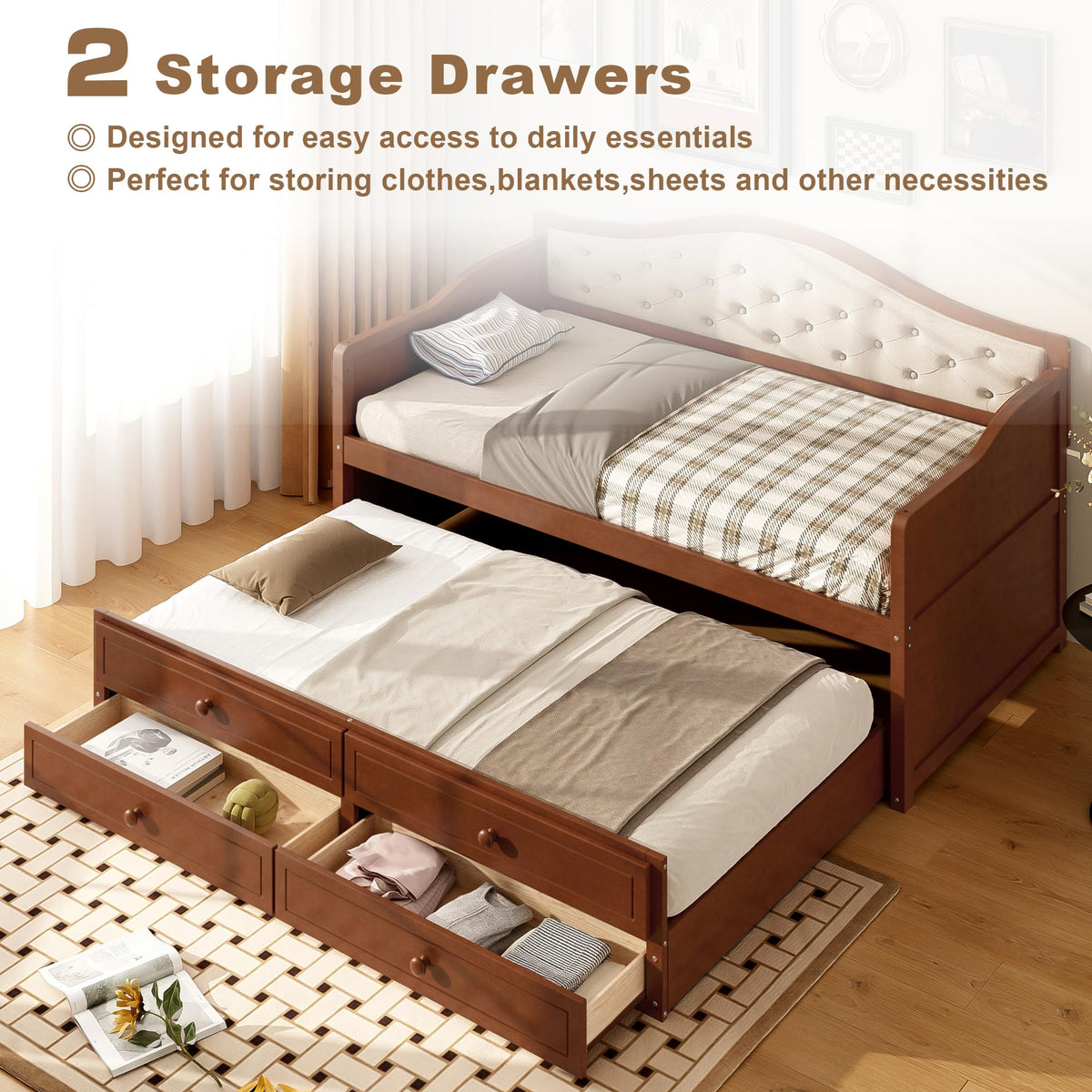 Wood Daybed Twin Size with Trundle and 2 Storage Drawers, Walnut