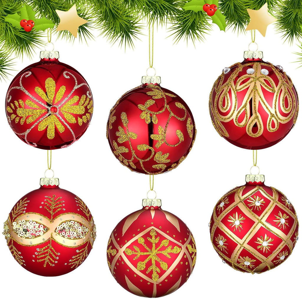 6 Pcs 3.15 in Glass Luxury Christmas Ball Red and Gold Ornaments