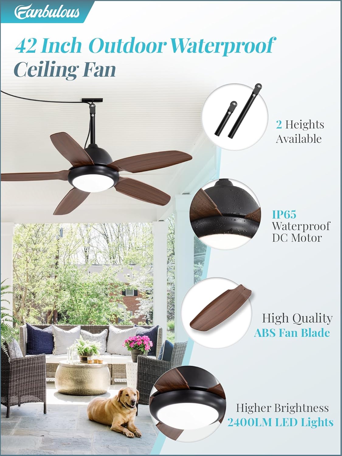 42" Brown Outdoor Ceiling Fan with Light & Remote