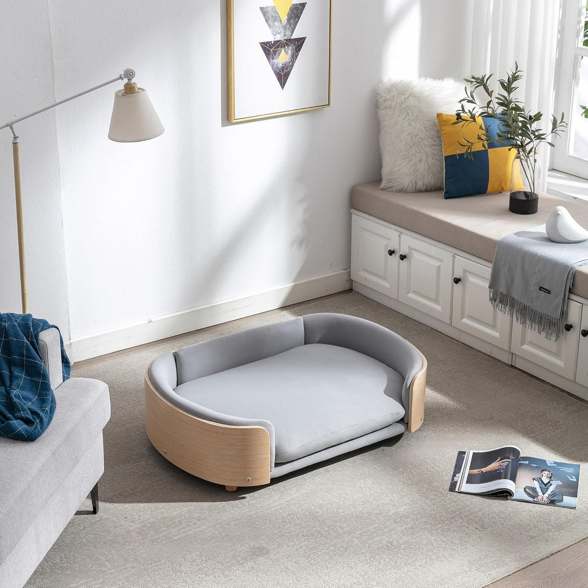 Dog Bed Pet Sofa, House Dog Cat Bed, Large Size Pet Bed with Solid Wood Frame & Washable Velvet Cushion, Modern