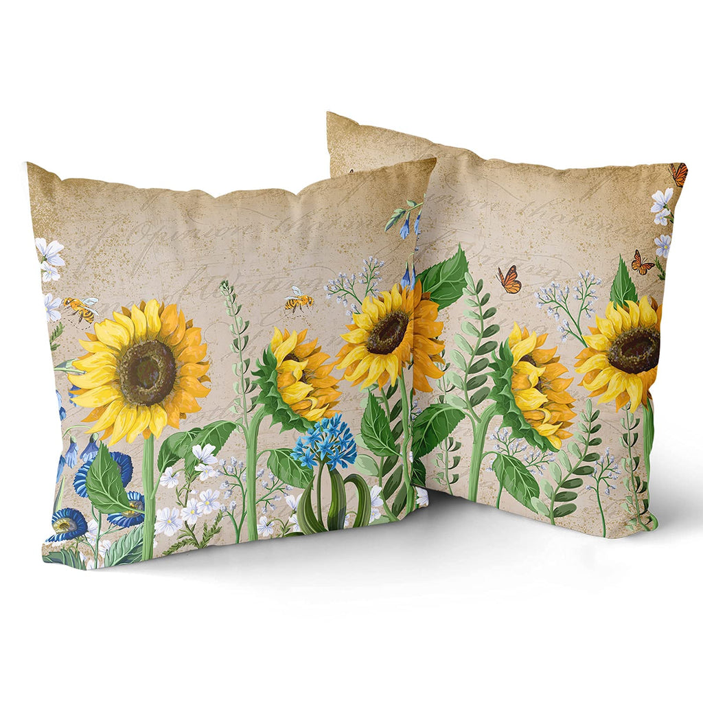 Sunflower Throw Pillows Butterfly Pillow Covers Honeybee Throw Pillow Cover Watercolor Yellow and Blue Floral