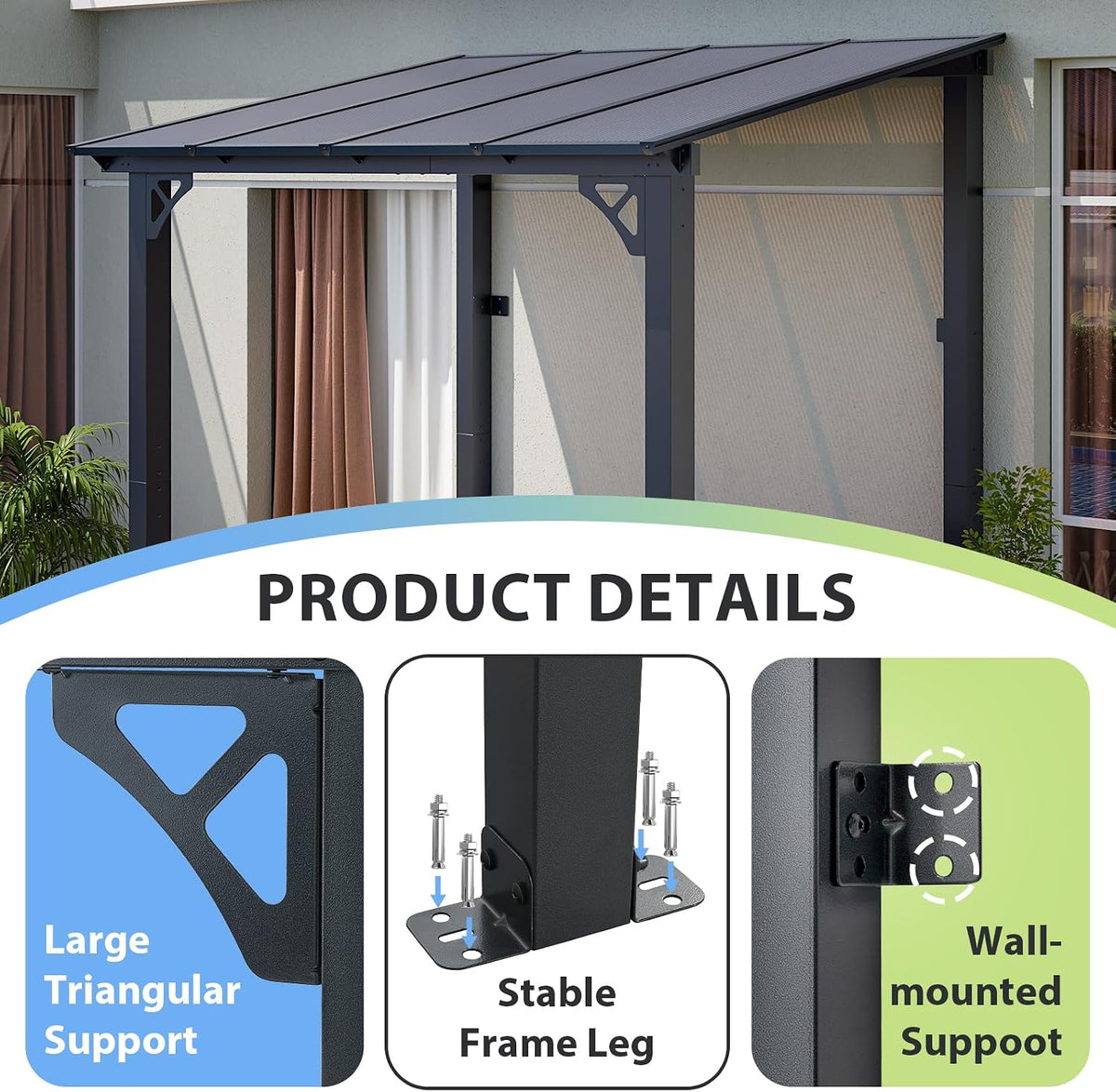 8’x 5’ Premium Gazebo with Aluminum Top Frame & Polycarbonate Panel, Wall Mounted Gazebos Pergola