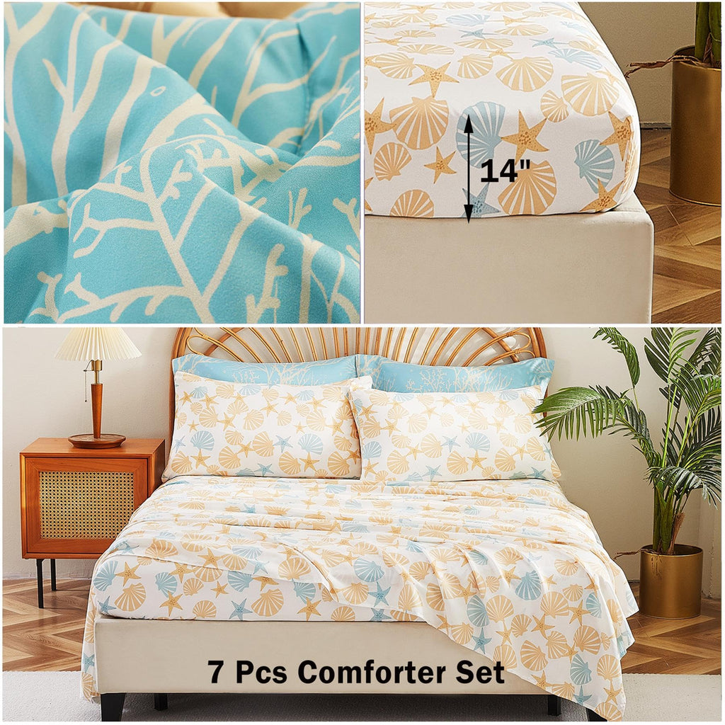 Blue Coastal Comforter Set 7 Pieces, Starfish Printed Bedding Bed in A Bag, Soft Microfiber Comforter with