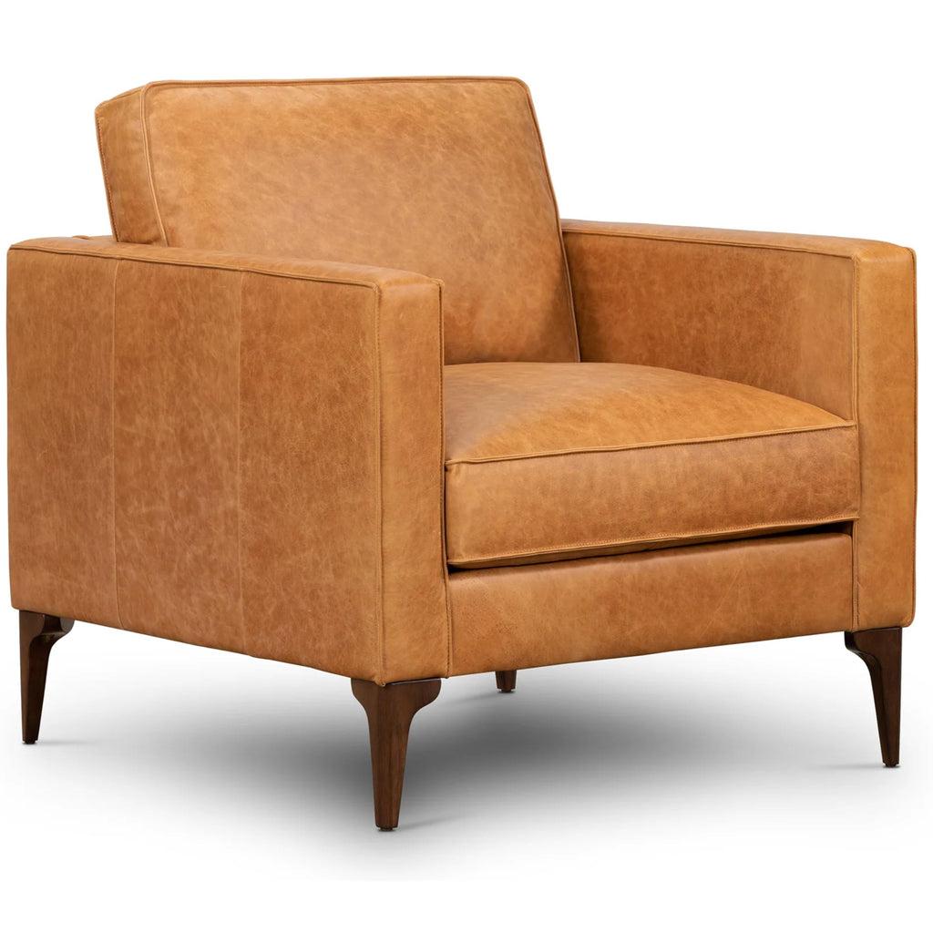 & BARK Mateo Leather Lounge Chair - Cognac Tan Full-Grain Leather Upholstery - Modern Upholstered Accent Chair