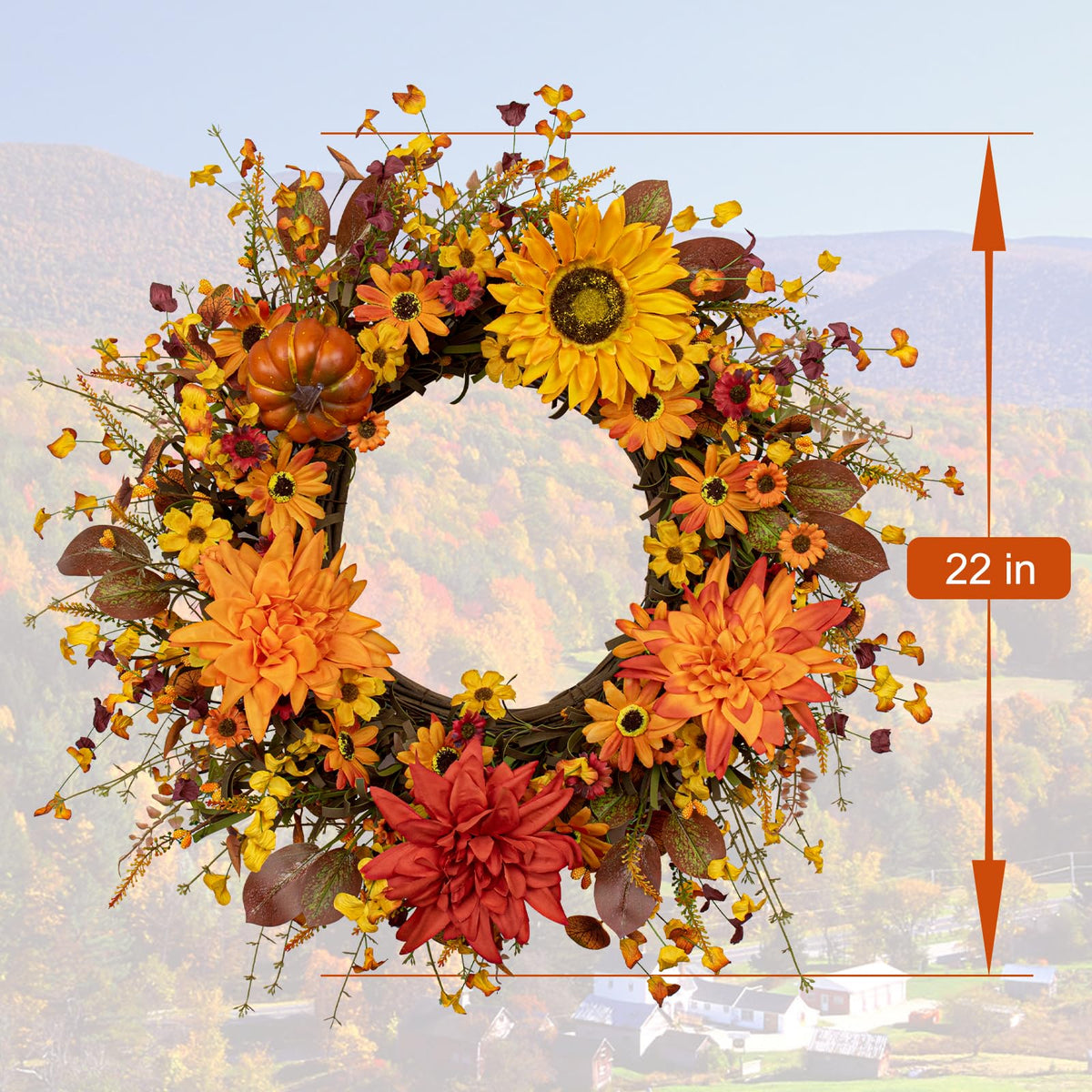 Fall Wreaths for Front Door 20 Inch Artificial Fall Wreath Autumn Flower Wreath with Sunflower Daisy Dahlia Pumpkin