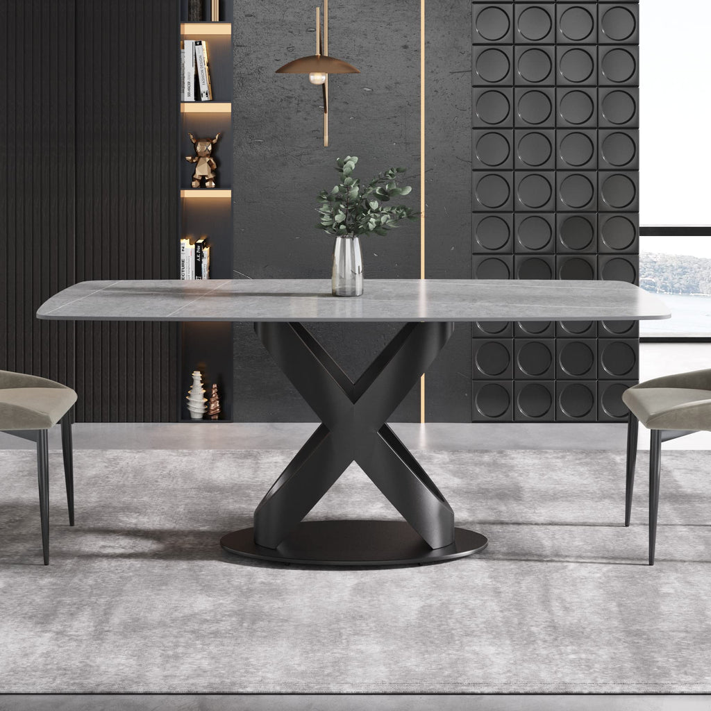 Modern Dining Table, Gray Sintered Stone Tabletop Dining Table with Black X-Shaped Solid Carbon Steel Base, 70.8"