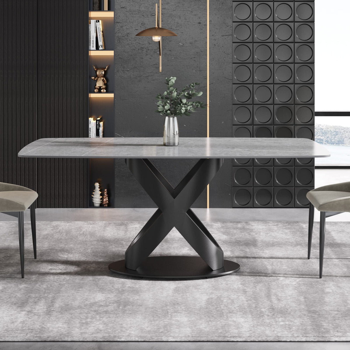 Modern Dining Table, Gray Sintered Stone Tabletop Dining Table with Black X-Shaped Solid Carbon Steel Base, 70.8"
