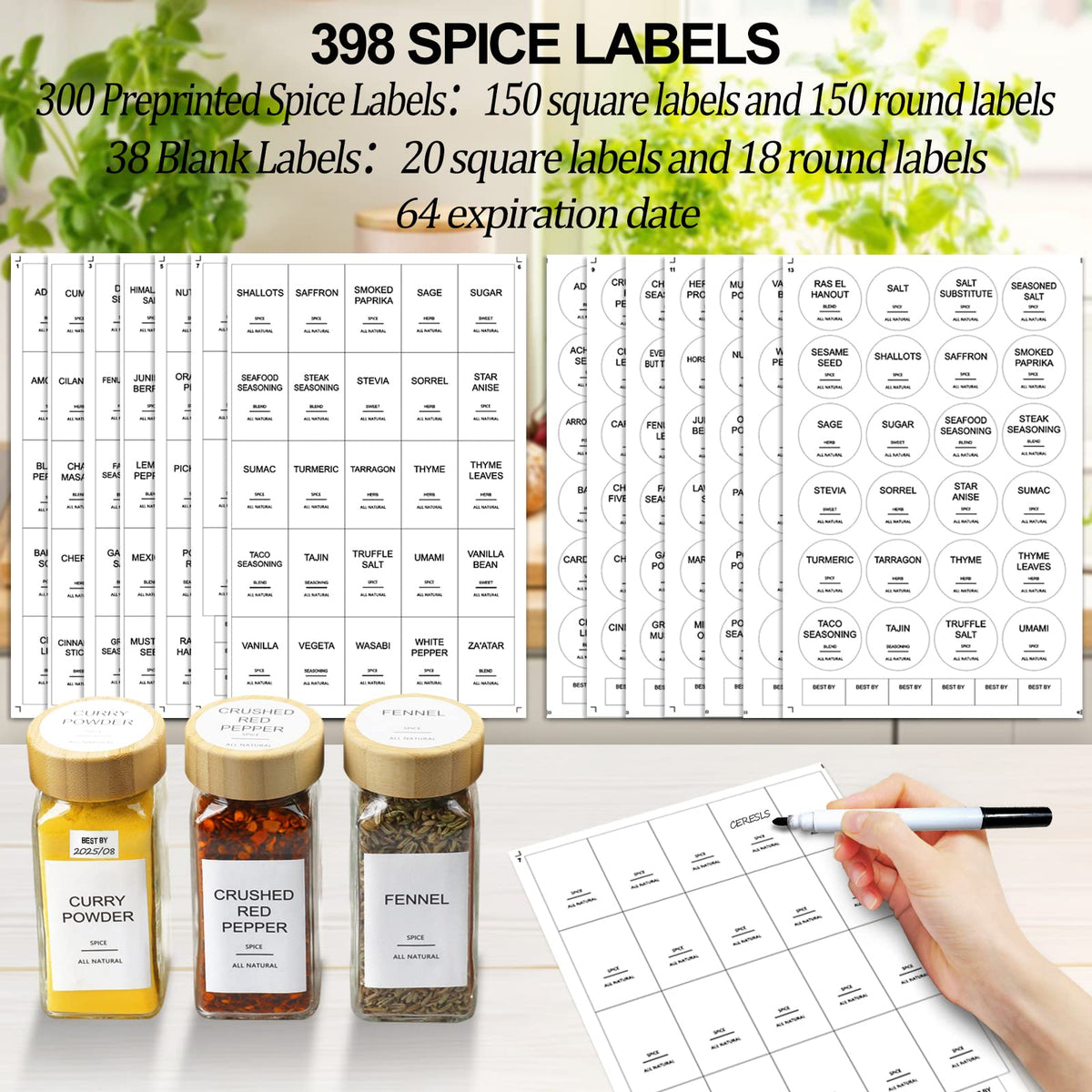Glass Spice Jars with 398 Labels, 24 pcs 4oz Spice Containers with Bamboo Lids, Square Spice Bottles With Shaker