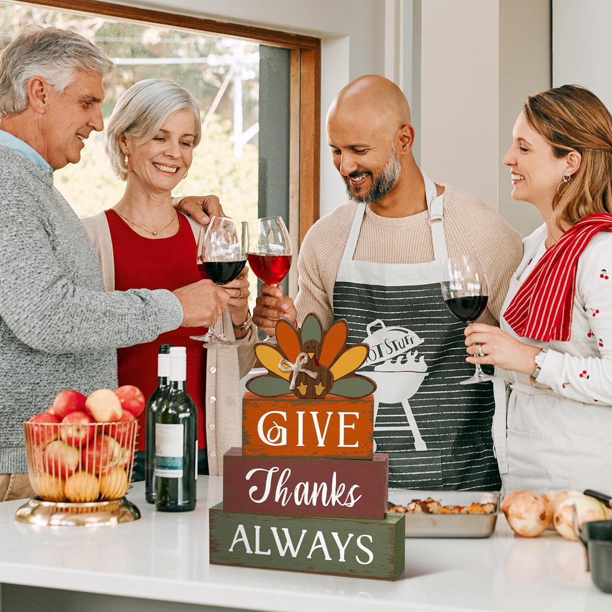 4 Pcs Thanksgiving Turkey Table Decor Wooden Sign Blocks