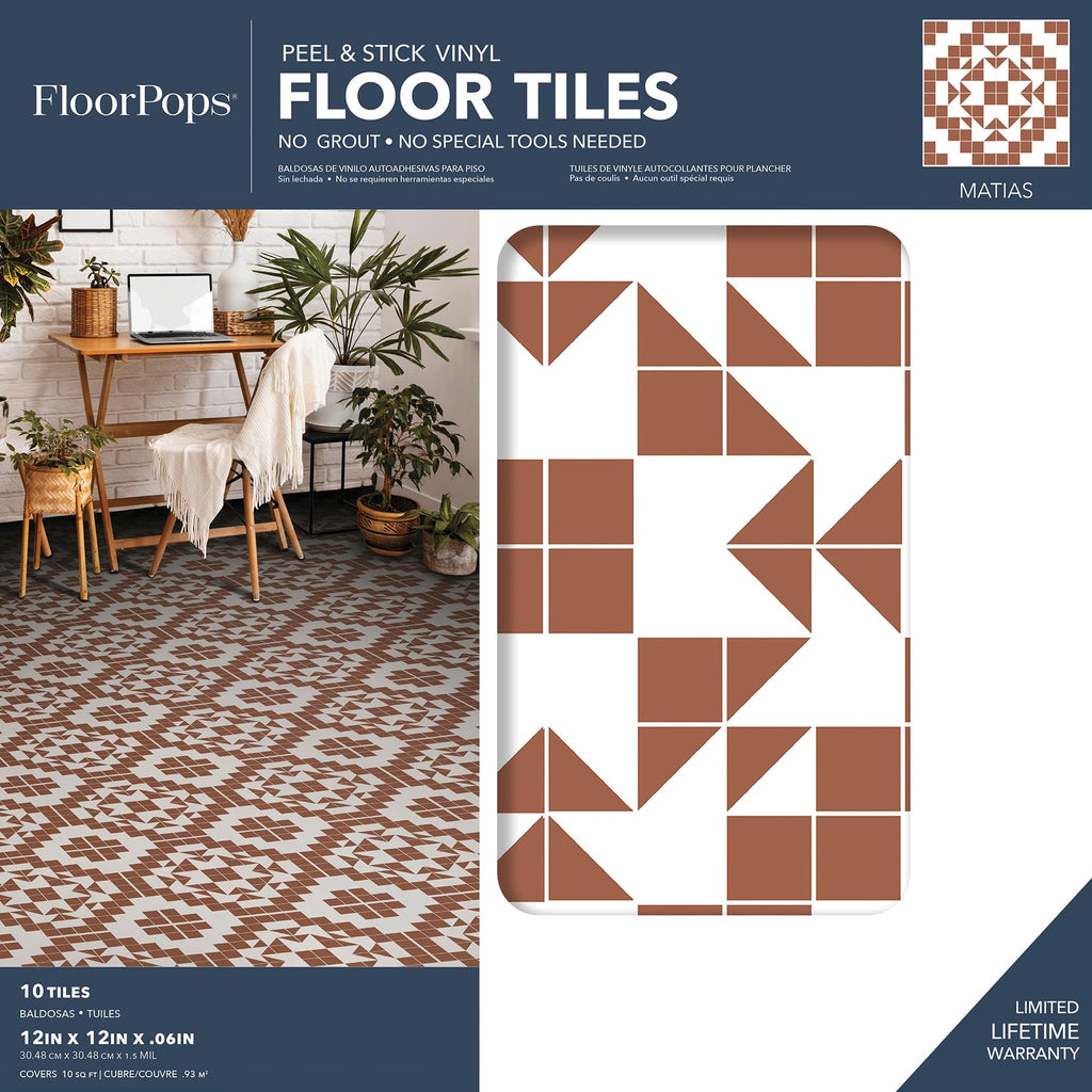 Terracotta Matias Peel and Stick Floor Tiles, Geometric Vinyl Floor Tiles, Water Resistant, 12 in x 12 in, Pack of 10