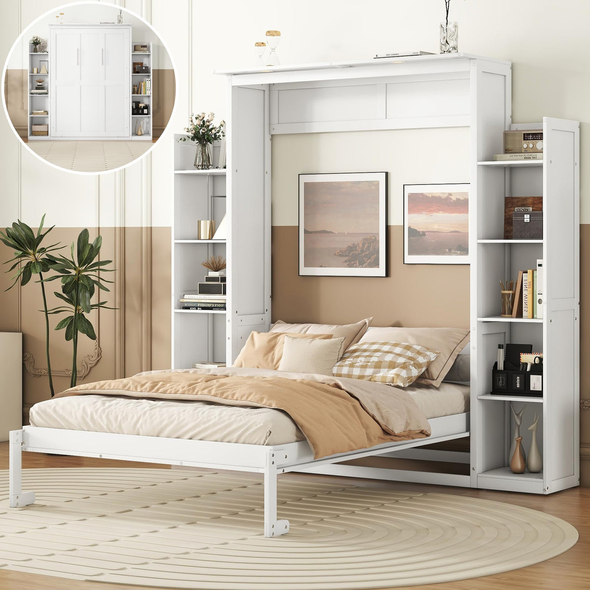 Full Size Murphy Bed, Wooden Full Wall Bed with Shelves and LED Lights, White
