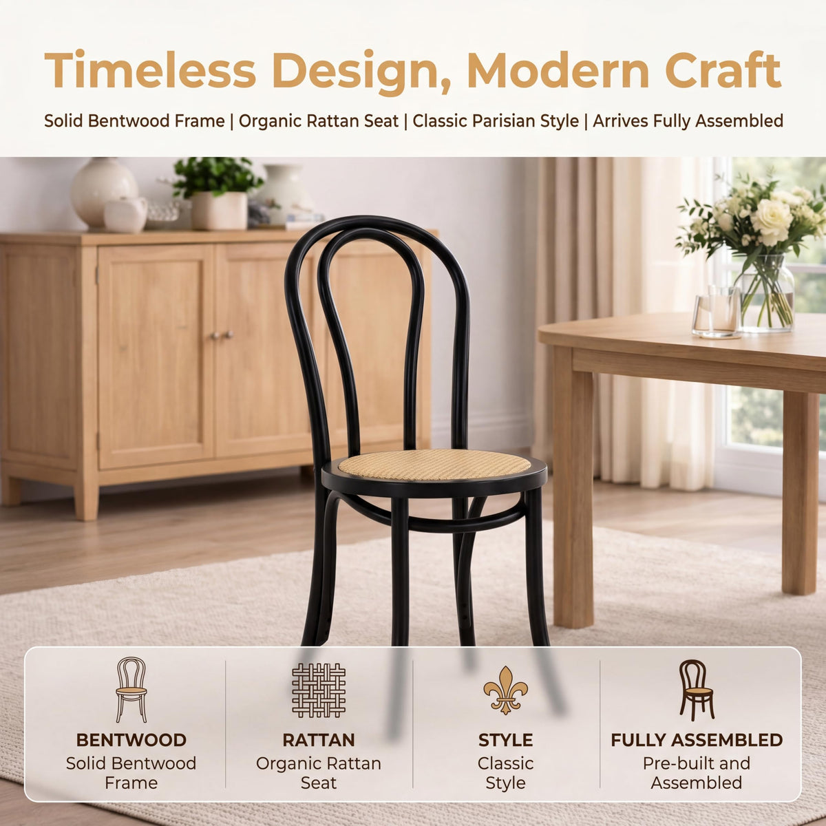 Solid Wood Dining Chairs Set of 2, French Bistro Dining Chairs, Solid Bentwood Chairs with Rattan Seat for