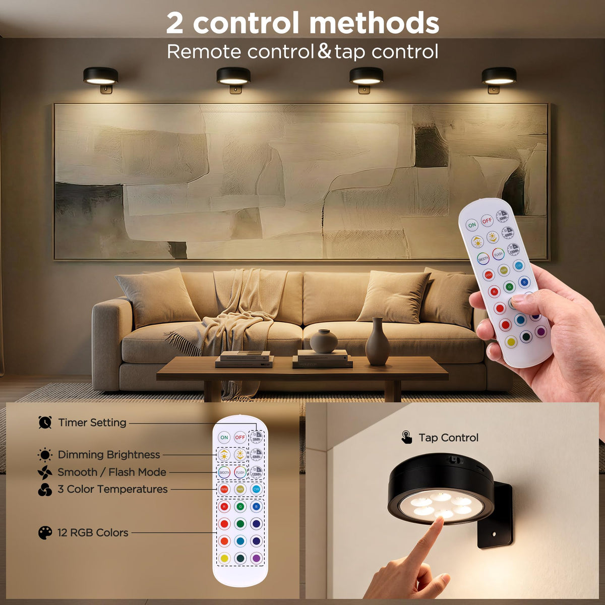 Picture Lights for Wall, Rechargeable Wireless Poster Lights, Black