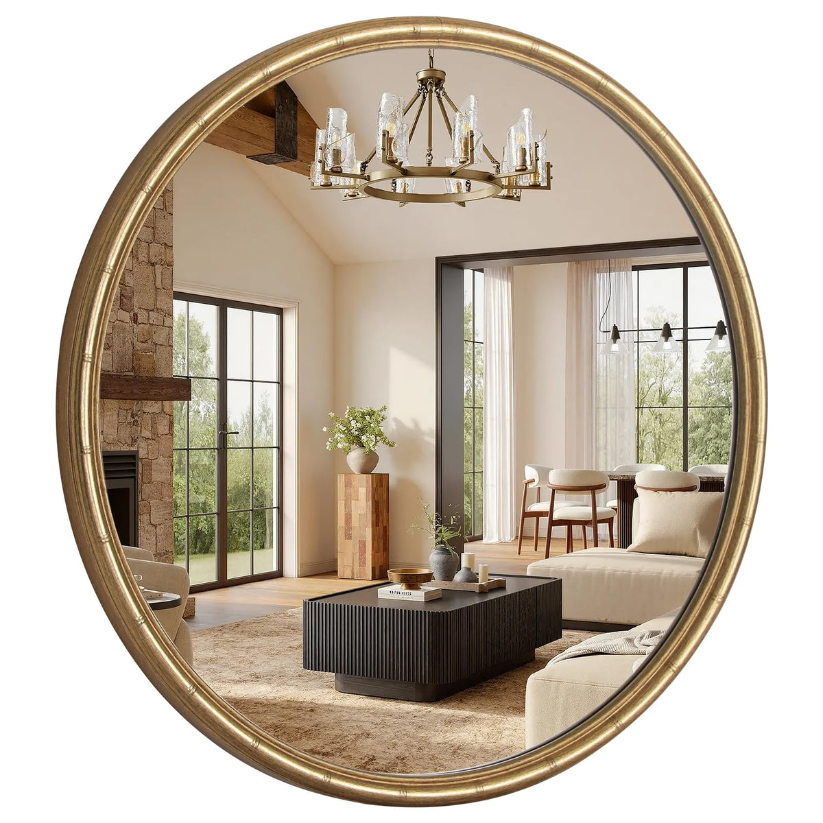 28 Inch Gold Round Wall Mirror, Circle Mirror with Bamboo Texture, Decorative Vanity Mirror