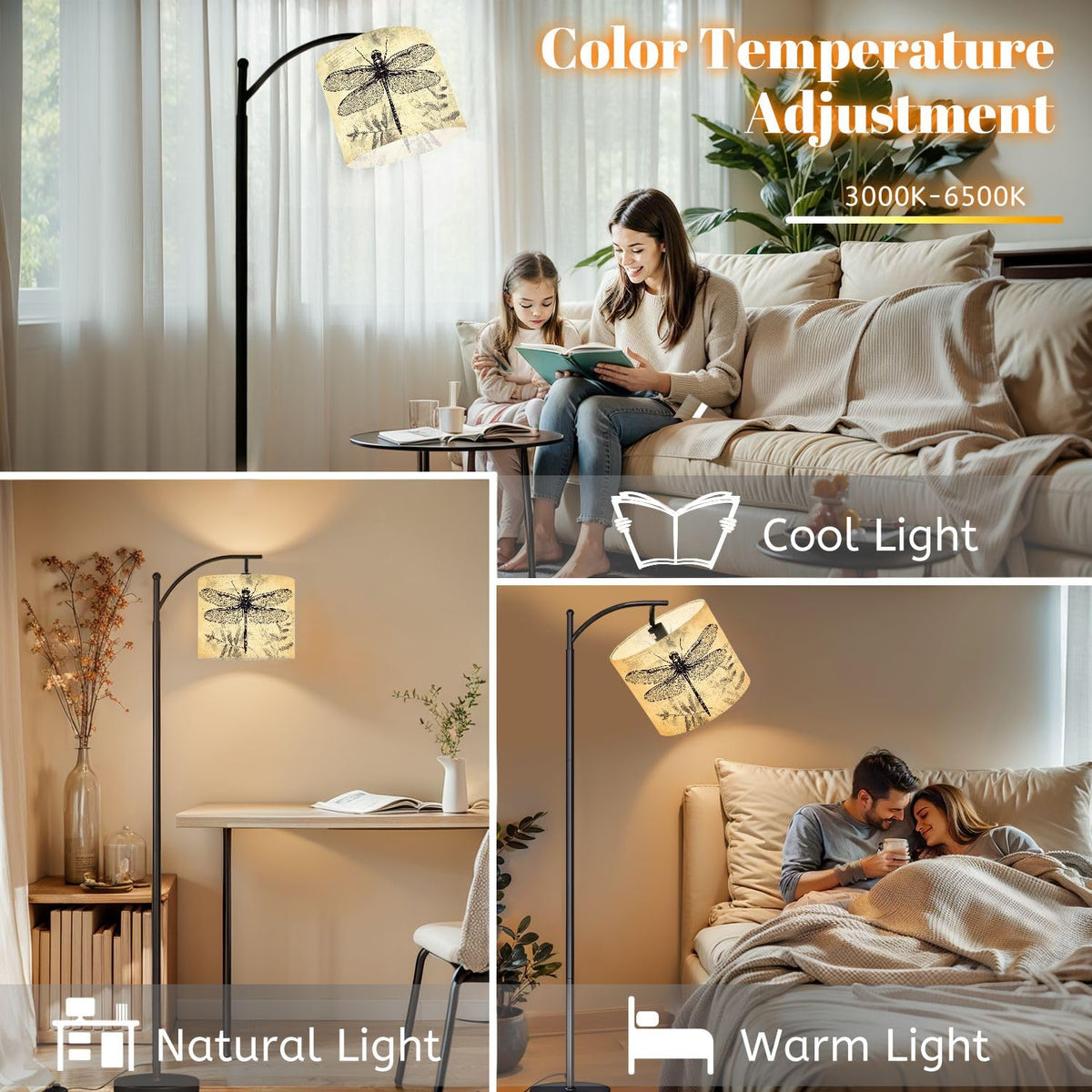 Inspired Arco Style Arc Floor Lamp Vintage Dragonfly Botanical Retro Fern Leaves Textured Intricate Wing Dimmable Modern Standing Lamp