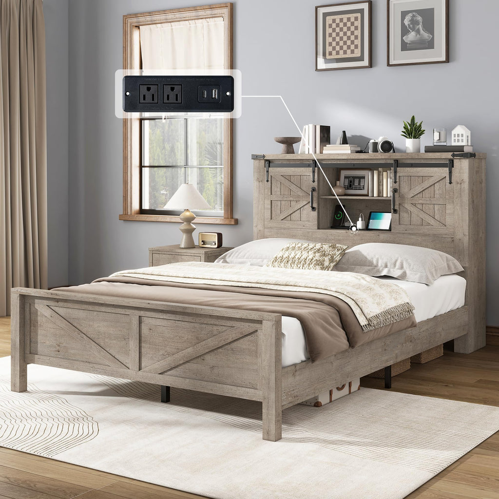 Farmhouse Slat Bed Frame with Storage Headboard