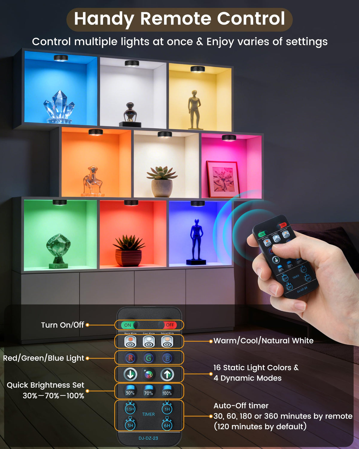 Puck Lights with Remote, 3 White Tones & 13 Colors, Black-6 Pack