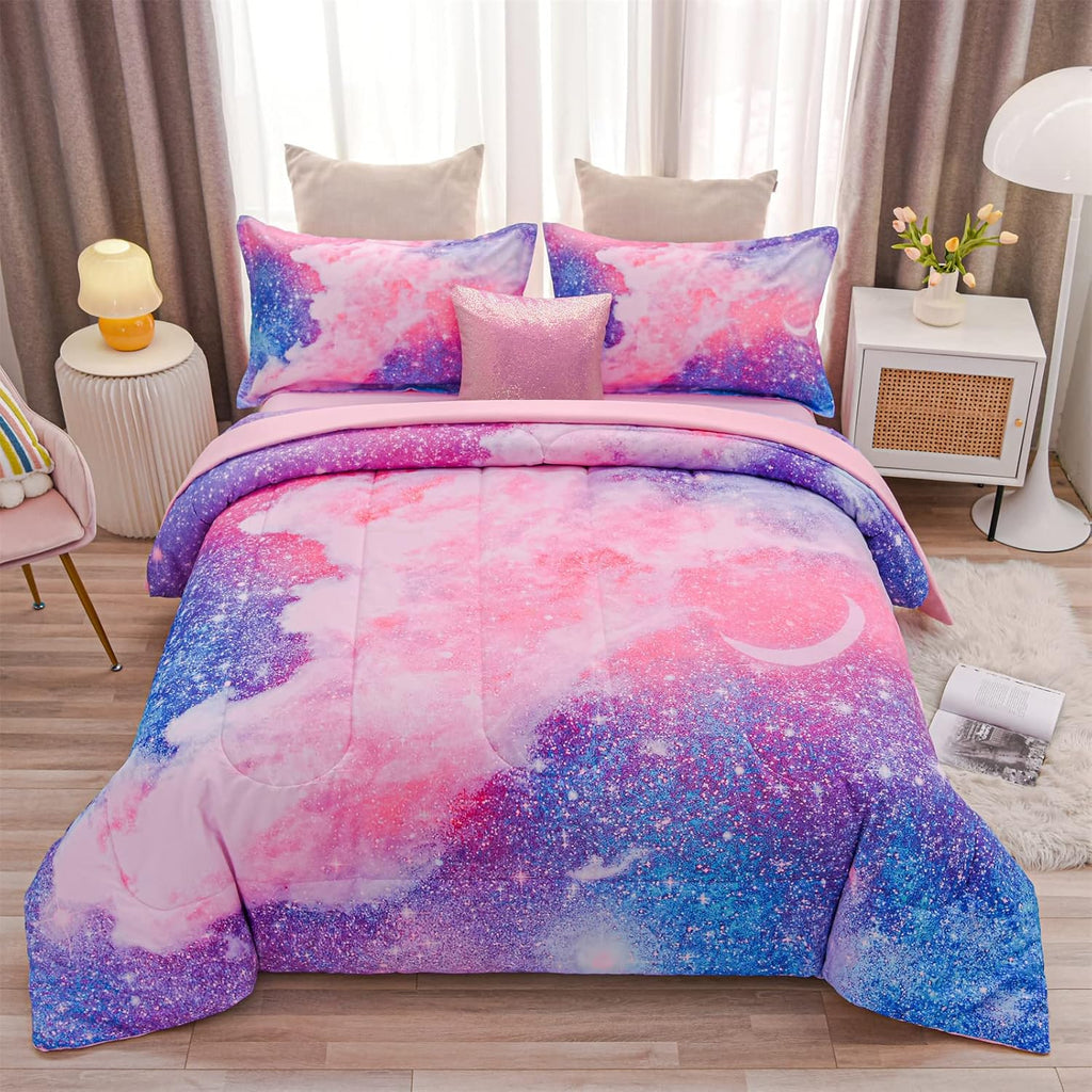 6Pc 3D Glitter Pink Bedding Galaxy Full Kids Comforter Sets