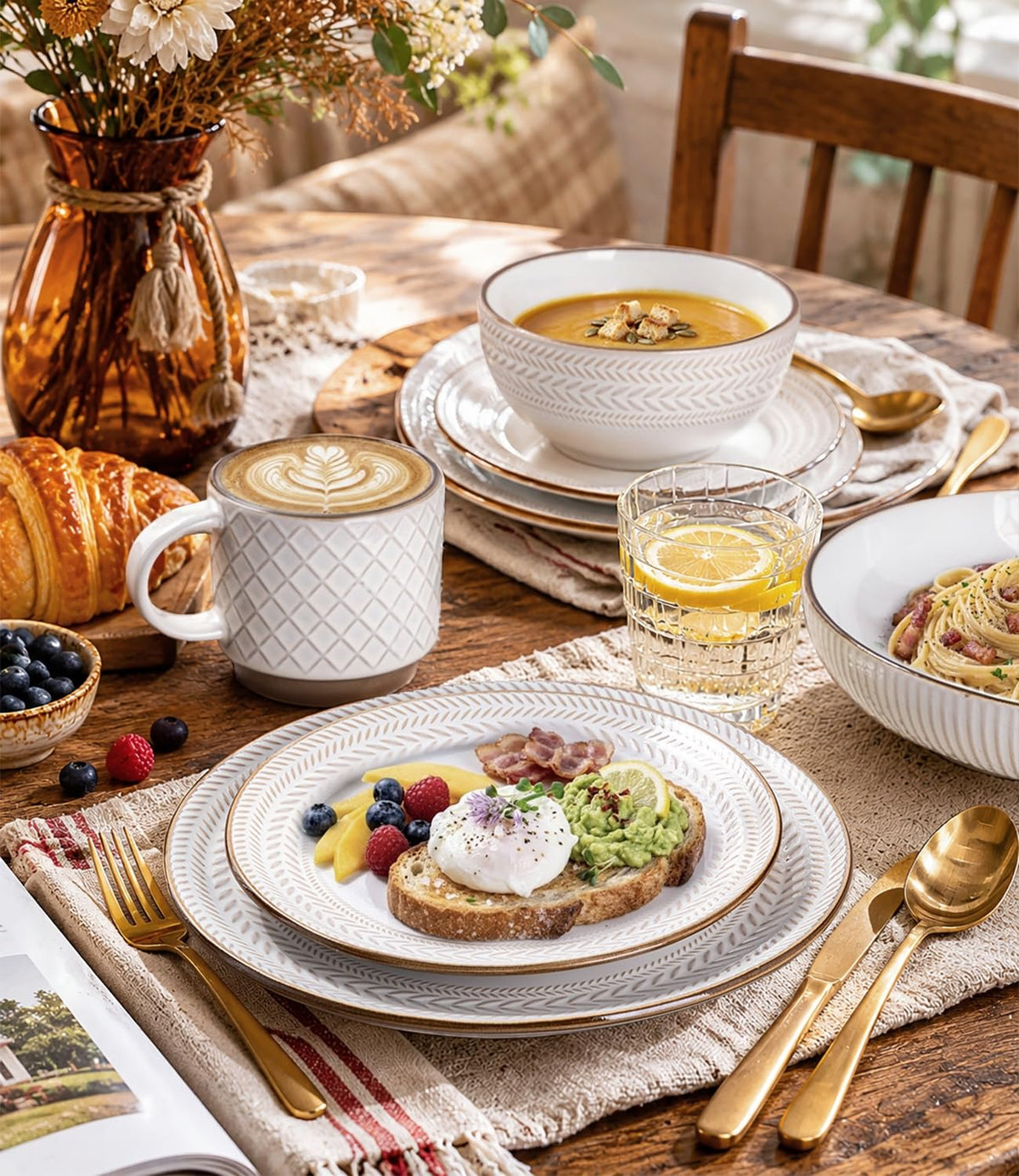 Stoneware Dinnerware Set for 4, 12 Piece Farmhouse Dishes Set