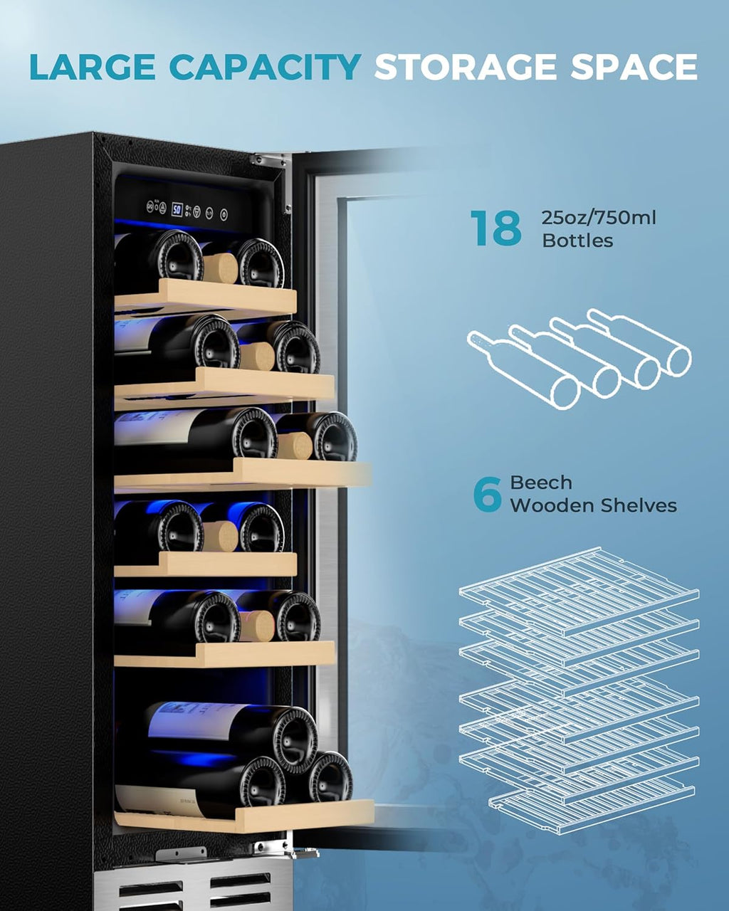12 Inch Wine Cooler Refrigerator, Wine Fridge 18 Bottles, Built-in or Freestanding with Double