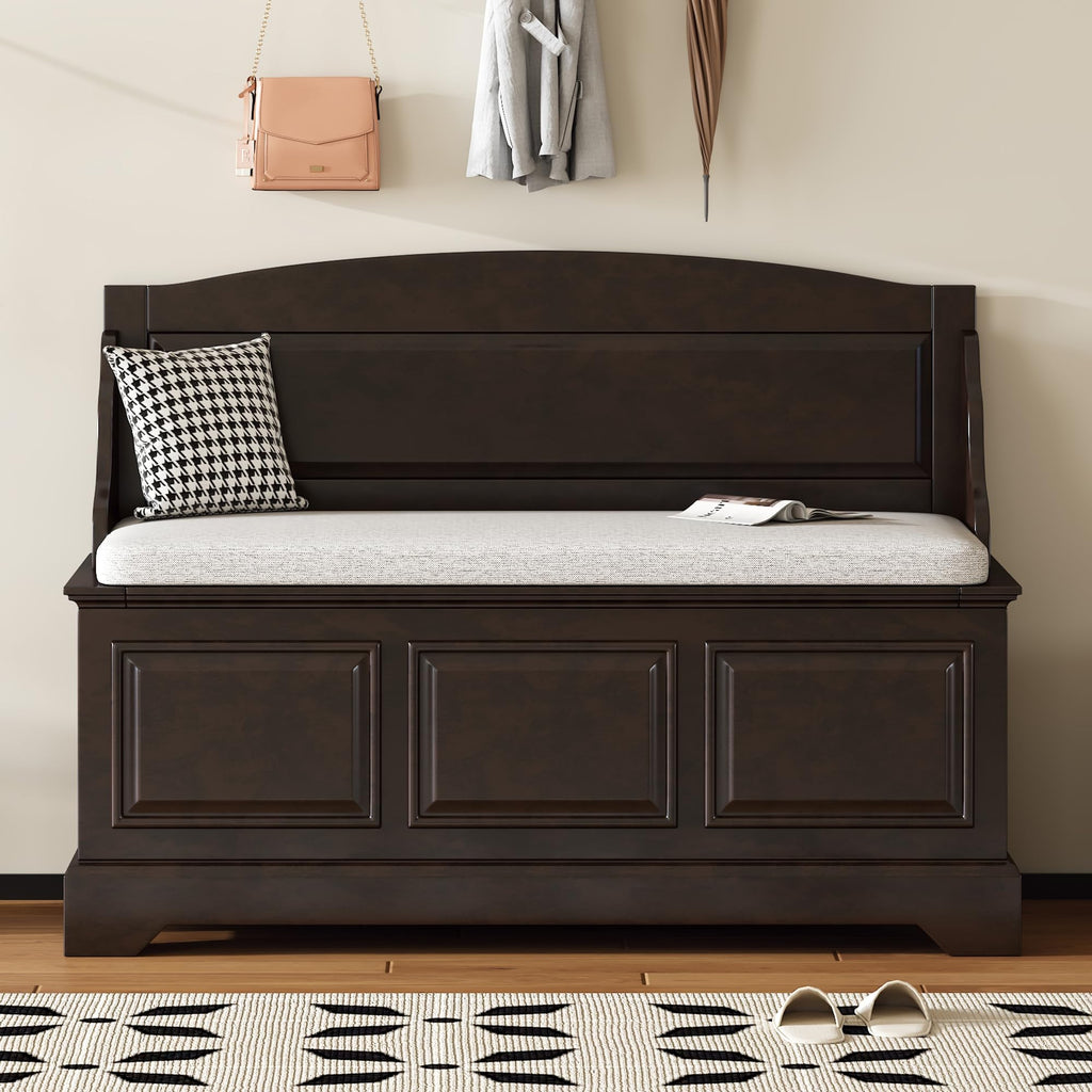 Farmhouse Storage Bench, Wood Entryway Storage Bench Shoe Bench with Removable Cushion