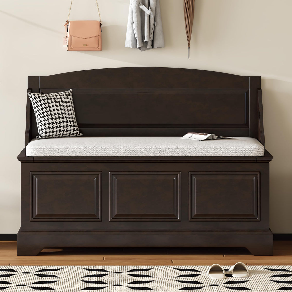 Farmhouse Storage Bench, Wood Entryway Storage Bench Shoe Bench with Removable Cushion