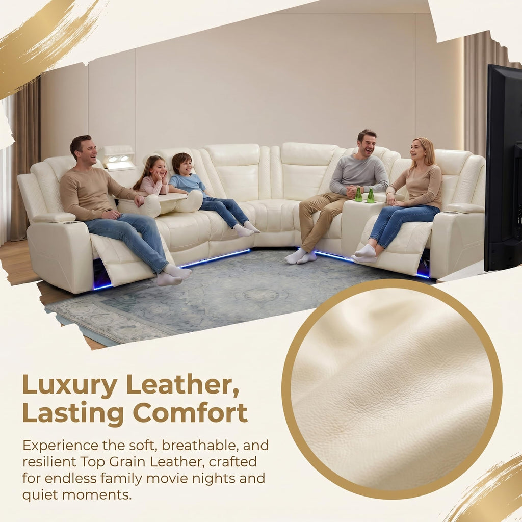 Recliner Sectional Sofa Set, 3-Piece Power Sectional Couch with Off-White Leather, Recliners, Storage Console, Cup