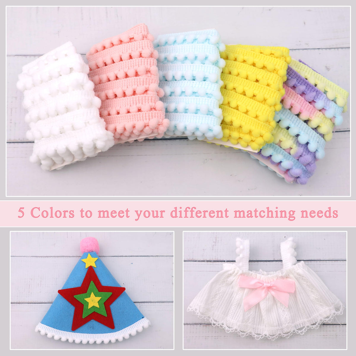 Mini Pom Pom Trim, 3/8 inch Tiny Edge Trim Narrow Ball Fringe Ribbon Decoration for DIY Crafts Doll Clothes - 10 Yards