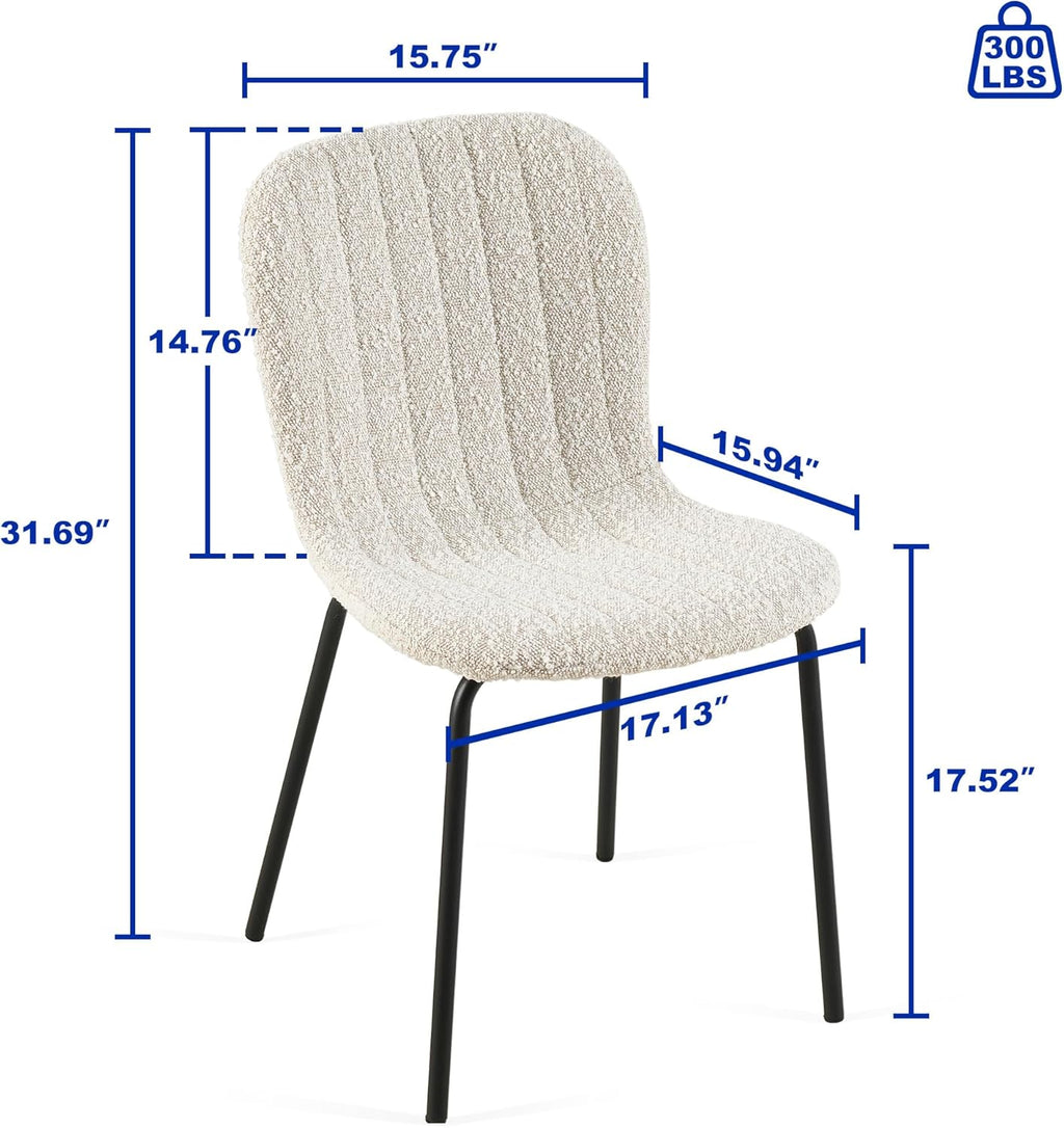 White Boucle Dining Chairs Set of 4, Modern Fabric Upholstered Kitchen and Dining Room Chairs with Metal Legs, Space-Saving Design