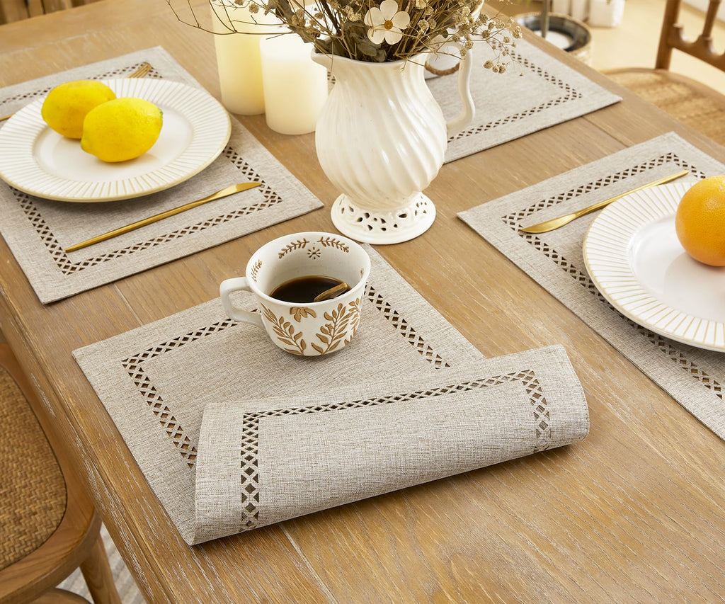 Farmhouse Burlap Place Mats, Coffee Placemats Set of 6, 12 x 18 Inch