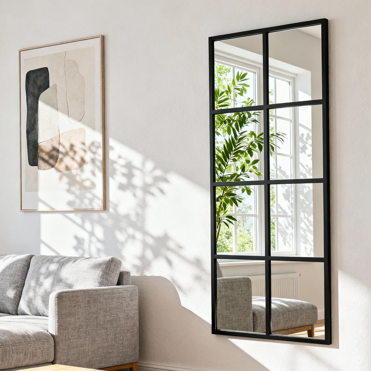 Full Length Mirror, 56"x22" Standing Windowpane Wall Mirror (Black)