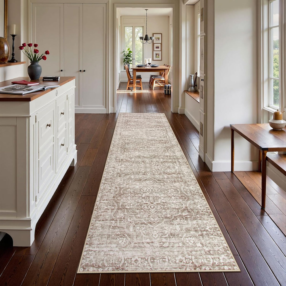 Runner Rug for Hallway 2.5x10, Washable Kitchen Runner Rugs Ultra-Thin Non Slip, Neutral Boho Print Long Farmhouse