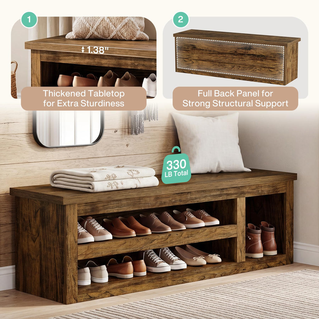63" Entryway Bench, Farmhouse Shoe Storage Bench with Shelves