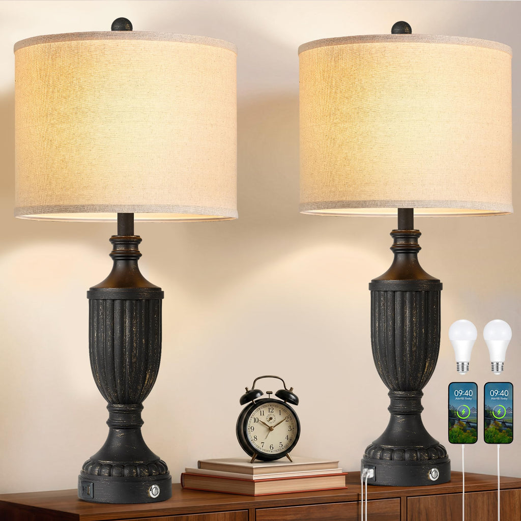 Black Farmhouse Lamps Set of 2, 27.5" Bedroom Lamps Set of 2 with USB Ports, Dimmable Rustic Bedside Lamps Nightstand