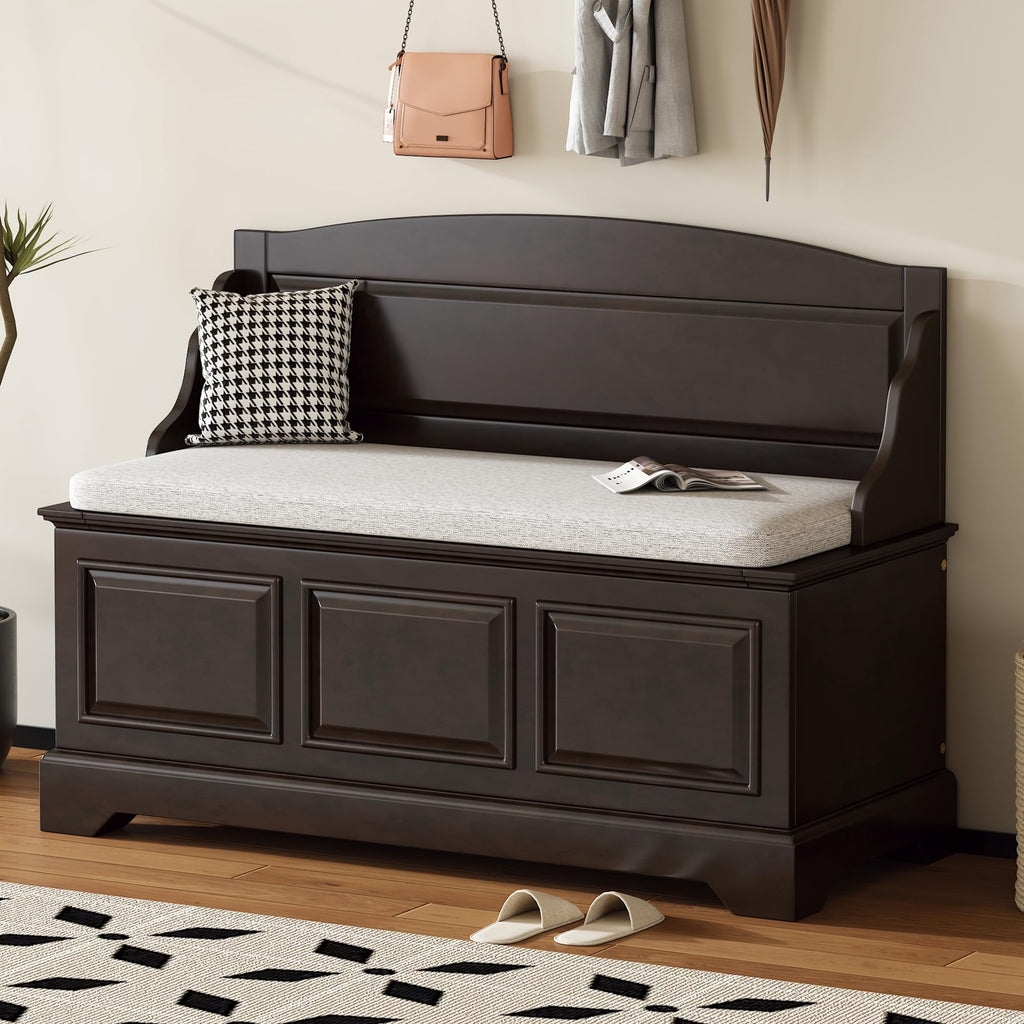 Farmhouse Storage Bench, Wood Entryway Storage Bench Shoe Bench with Removable Cushion