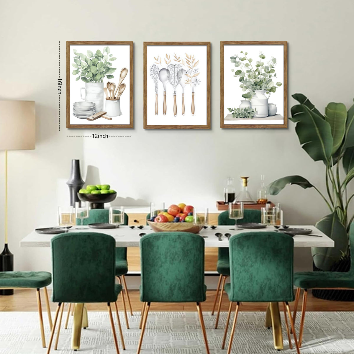 Sage Green Kitchen Canvas Wall Art Set of 3 - Framed Minimalist Eucalyptus Leaves Wall Decor Artwork, Modern Dining