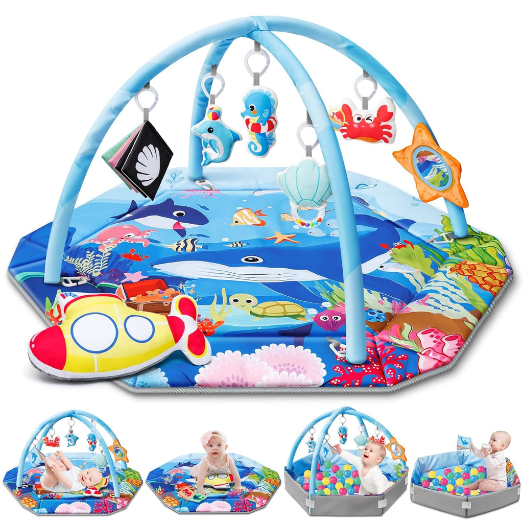 Gym Play Mat, in-1 Ocean Theme Tummy Time Mat & Ball Pit, Washable Baby Activity Play Mat for Visual, Hearing