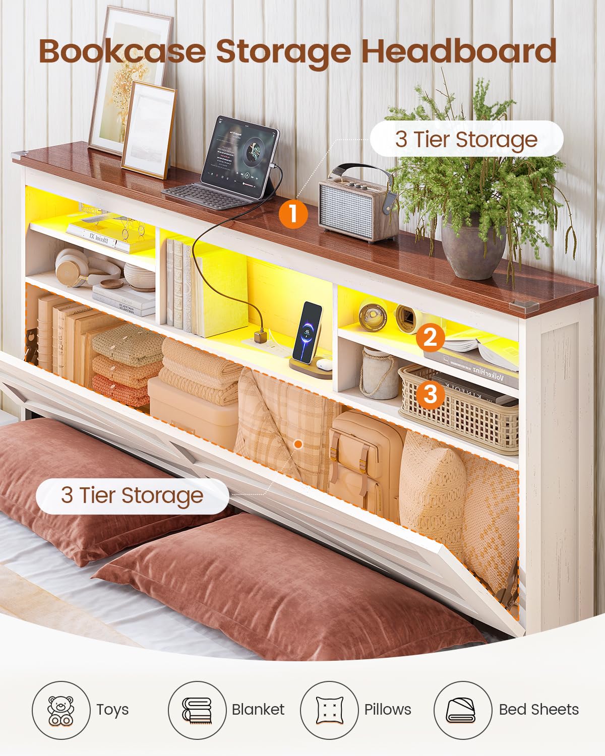 Farmhouse Bed Frame with Lift Up Storage, Antique White
