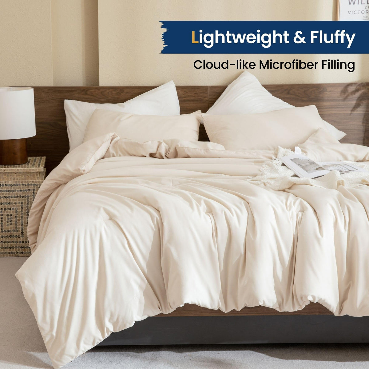 Beige Comforter Set King Size, Cream 3 Pieces Comforter Set, Lightweight Solid Neutral Bedding Set, All Seasons Soft