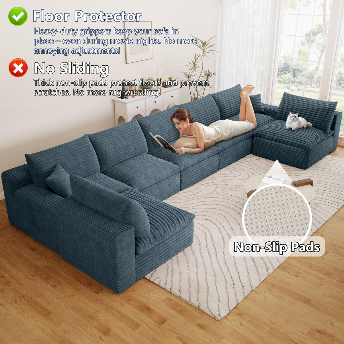 165" Cloud Couch Modular Sectional Sofa, U-Shape Boneless Couch with Deep Seat, Modern Corduroy 7-Seater, No