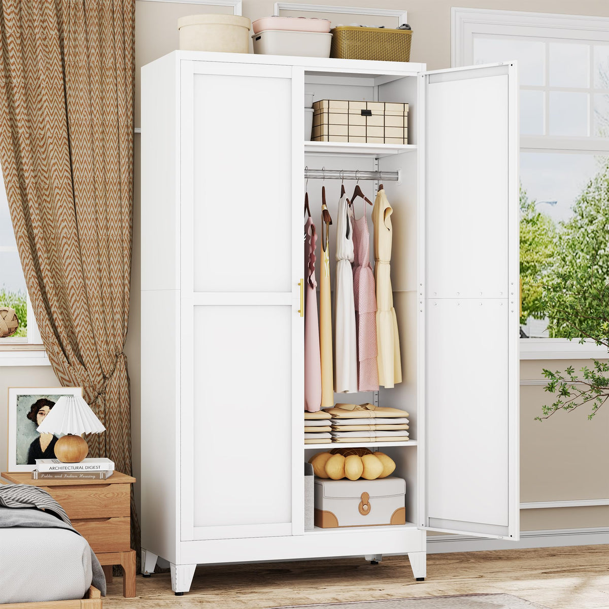 Metal Armoire Wardrobe Closet, 78.7" Bedroom Clothing Storage Cabinet