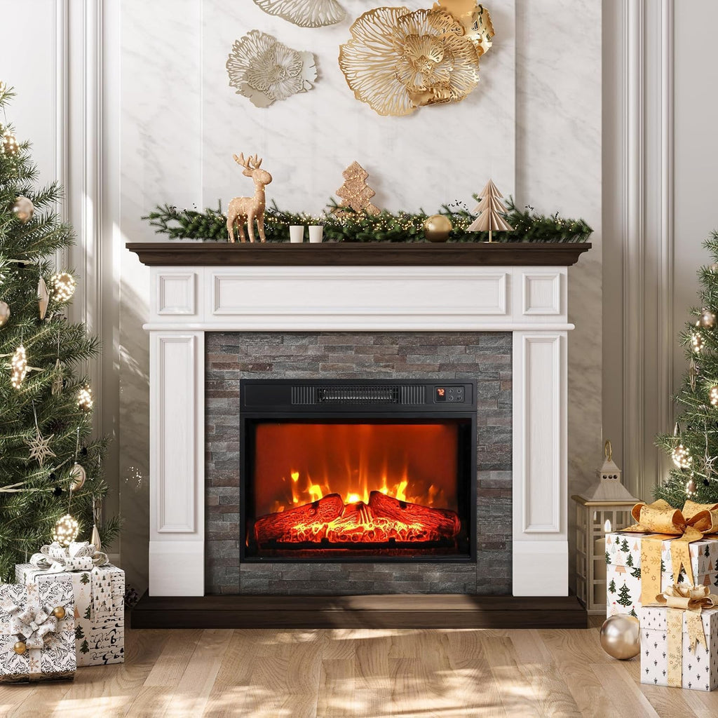 44" Electric Fireplace Mantel, Farmhouse TV Stand w/ 23" Heater, Brown